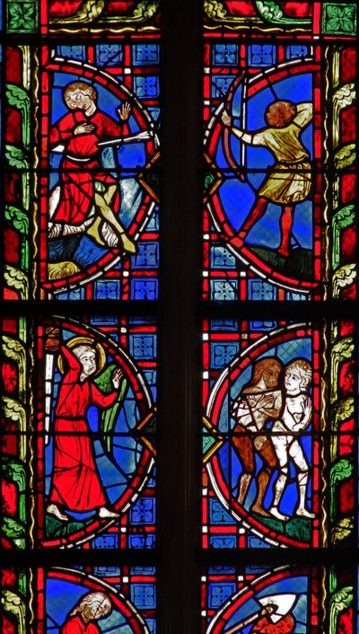 Ventana w30 que representa la muerte de Caín; Adán y Eva expulsados del Edén de French School