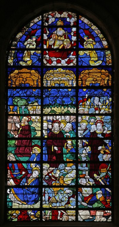 Ventana w31 que representa escenas de la Pasión: Getsemaní y la Resurrección de French School