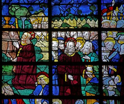 Ventana w31 que representa escenas de la Pasión: Getsemaní y la Resurrección de French School