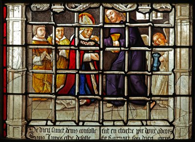 Ventana w31 que representa una escena de la vida de San Denis: recibe la Comunión de Cristo en prisión de French School
