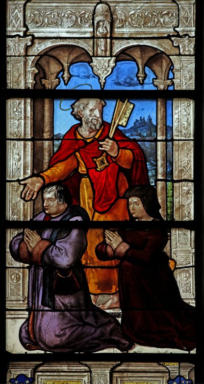 Ventana w32 que representa a San Pedro y dos donantes de French School