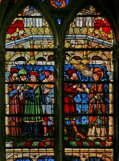 Ventana que representa a San Esteban disputando con los Doctores de la Ley de French School
