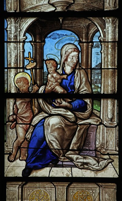 Ventana w32 que representa a la Virgen y el Niño y a San Juan Bautista de French School