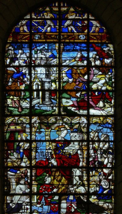 Ventana w37 que representa escenas de la vida de Santa Bárbara de French School