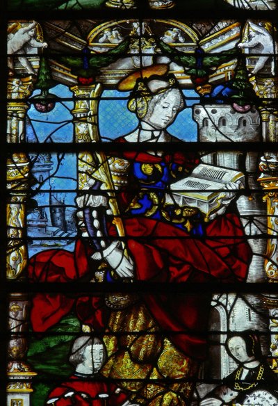 Ventana w37 que representa escenas de la vida de Santa Bárbara de French School