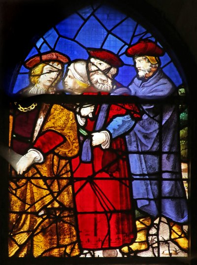 Ventana w38 que representa a los espectadores en la resurrección de Lázaro de French School