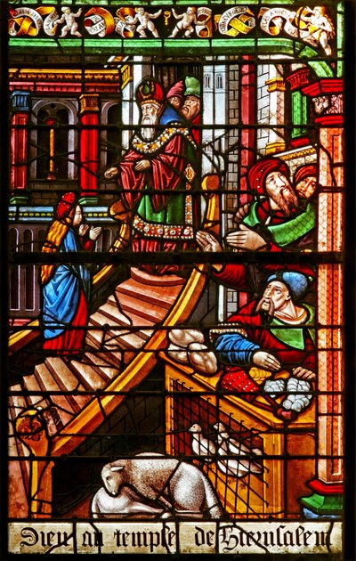 Ventana que representa una escena de la Vida de la Virgen María: su Presentación en el Templo de French School