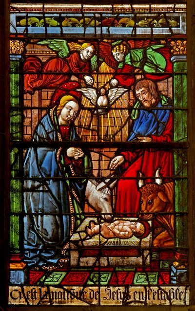 Ventana que representa la Natividad de French School