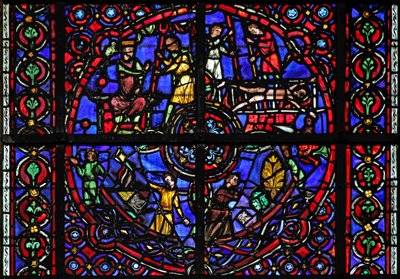 Ventana w39 que representa escenas de la vida de San Vicente de French School