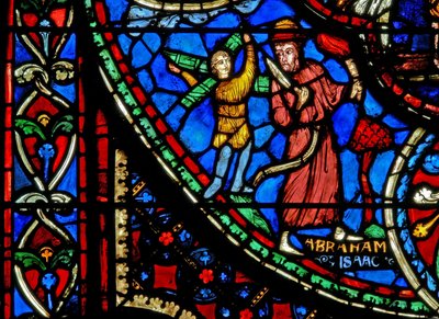 Ventana w3 que representa a Abraham a punto de sacrificar a Isaac de French School