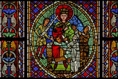 Ventana w3 que representa a Salomón ordenando cortar al niño en dos - la verdadera madre entonces suplica por la vida del bebé de French School