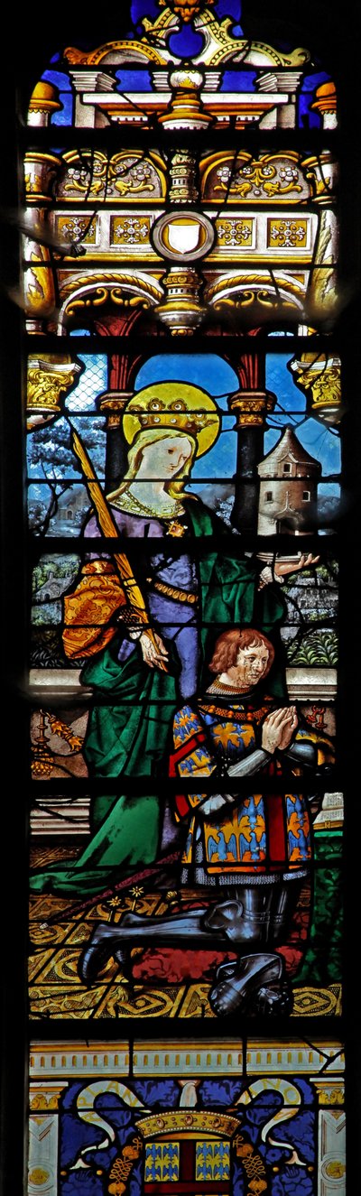 Ventana w3 que representa a Santa Bárbara con un donante de French School