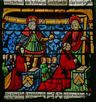Ventana w3 que representa a los donantes - Henriette de Mauroy y Simon Liboron con sus hijos y los santos patronos San Enrique y Simón de Cirene de French School