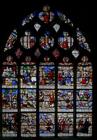 Ventana w3 que representa escenas de la vida de San Nicolás de French School