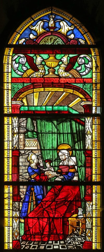 Ventana w3 que representa el Nacimiento de la Virgen María de French School