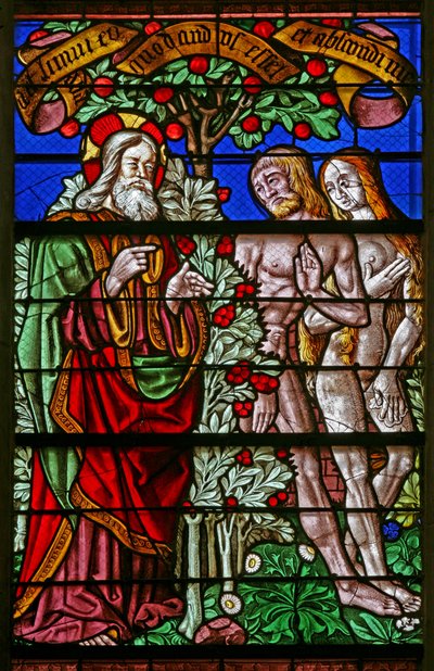 Ventana que representa a Adán y Eva descubiertos con hojas de higuera de French School