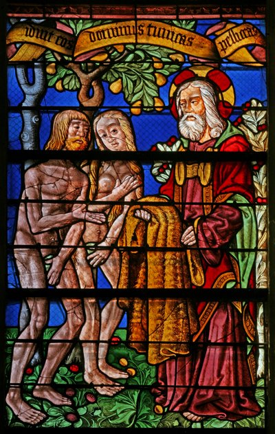 Ventana que representa a Adán y Eva vestidos de French School