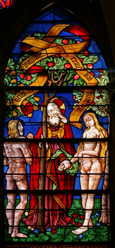 Ventana que representa a Adán y Eva recibiendo la Advertencia de French School
