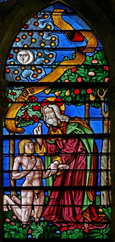 Ventana que representa la Creación de Adán de French School