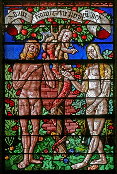 Ventana que representa la Tentación de Adán y Eva de French School