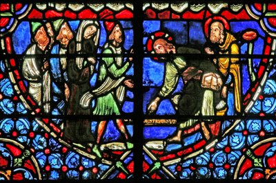 Ventana w4 que representa a Jesús siendo cuestionado sobre la Mujer Adúltera de French School