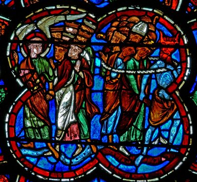 Ventana w4 que representa una escena del Juicio Final: la División de las almas de French School