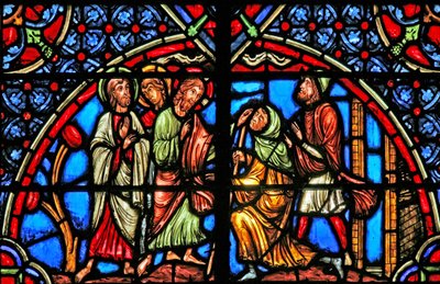 Ventana w4 que representa la curación del ciego (una ventana moderna) de French School
