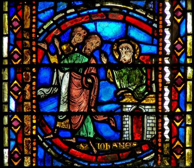 Ventana w53 que representa a San Juan Bautista enviando a sus discípulos a Cristo de French School