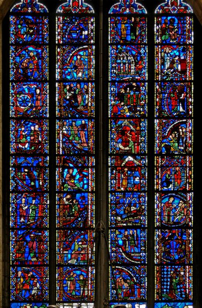 Ventana w53 que representa escenas de las vidas de Santa Catalina, San Nicolás, San Juan Bautista, San Esteban de French School