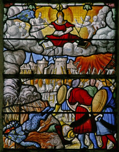 Ventana w5 que representa una escena del Libro de la Revelación de San Juan: los ejércitos de la tierra causan estragos; el mar entrega a sus muertos de French School