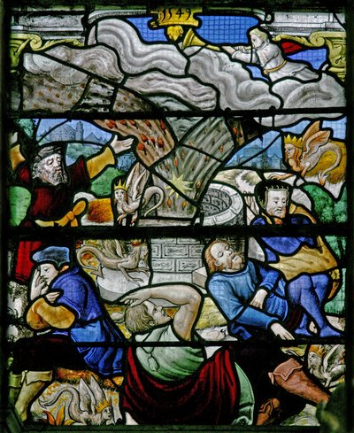 Ventana w5 que representa una escena del Libro de la Revelación de San Juan: una estrella cae a la tierra: 5º ángel de French School