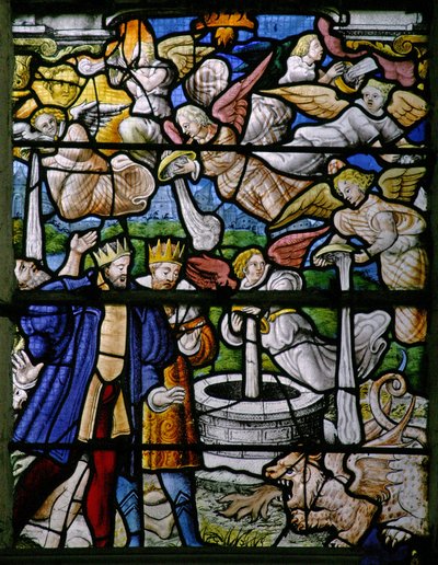 Ventana w5 que representa escenas del Libro de la Revelación de San Juan: los hombres son quemados; el agua se convierte en sangre; se vacían los frascos; cae granizo de French School