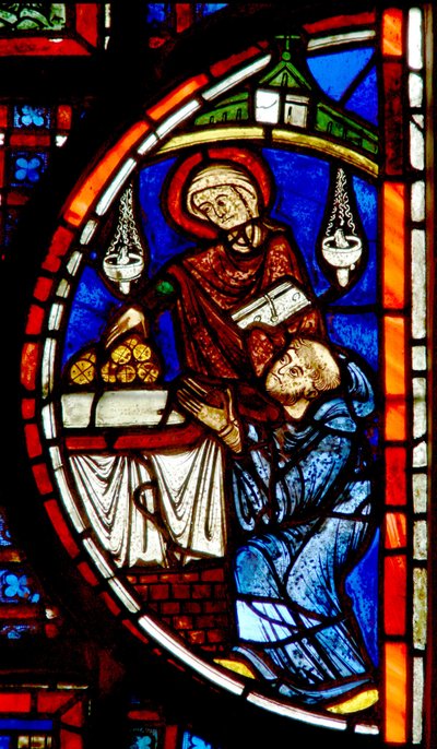 Ventana w5 que representa el milagro de los monjes y el granero de French School