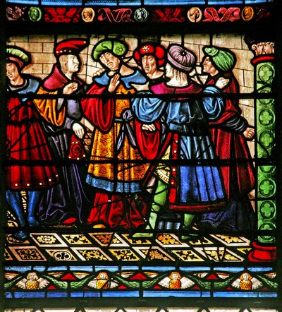 Ventana w6 que representa a los fariseos en la sinagoga de French School