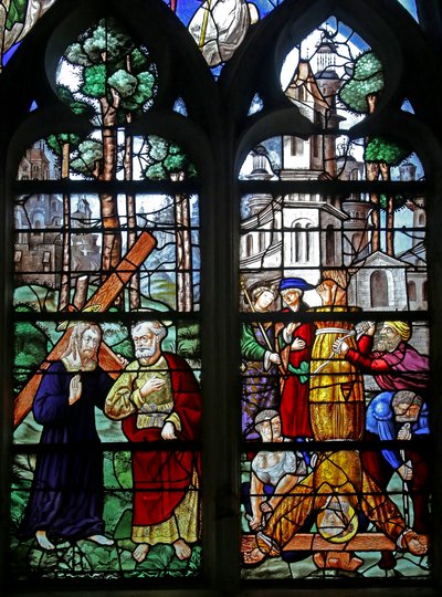 Ventana w6 representando a San Pedro se encuentra con Cristo fuera de Roma: Quo Vadis?; la crucifixión de San Pedro de French School