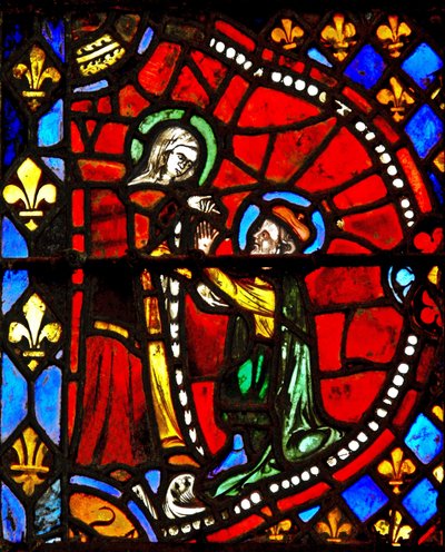Ventana w6 que representa una escena de la Vida de la Virgen María: José pide perdón a la Virgen María de French School