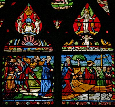 Ventana w6 que representa una escena de la vida de Santa María Magdalena - ella se embarca en un barco de French School