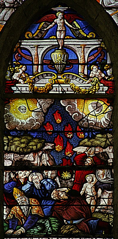 Ventana w7 que representa una escena del Libro del Apocalipsis de San Juan: las estrellas caen a la tierra; el sol se vuelve negro y la luna como sangre de French School