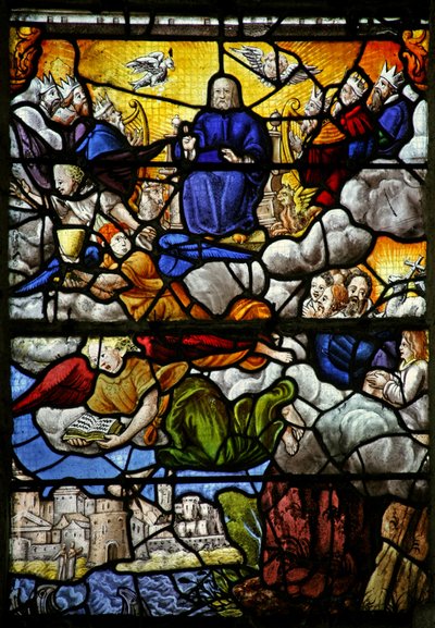 Ventana w7 que representa una escena del Libro de la Revelación de San Juan: el Trono en el Cielo: las cuatro Bestias Sagradas de French School