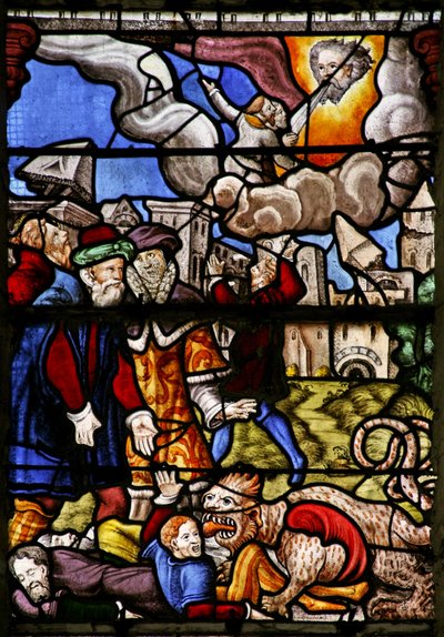Ventana w7 que representa una escena del Libro del Apocalipsis de San Juan: la espada de la verdad; la bestia y el profeta son capturados de French School