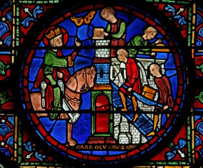 Ventana w7 que representa la ventana de Carlomagno: supervisa la construcción de una iglesia de French School