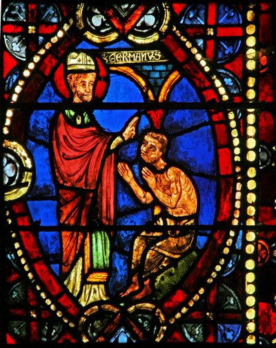 Ventana w8 que representa a San Germán y el hijo de Elaphius de French School