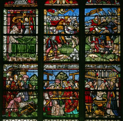 Ventana w8 que representa a Santa Elena y el hallazgo de la Cruz con el Emperador Constantino; arriba está la escena de la batalla donde apareció la Cruz y Constantino triunfa de French School