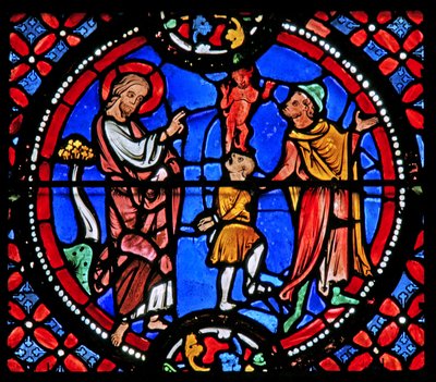 Ventana w9 que representa a San Andrés exorcizando un demonio de French School