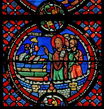 Ventana w9 que representa a San Andrés convirtiendo siete demonios en perros de French School