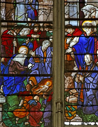 Ventana que representa la adoración de los pastores; el donante, Baurot y San Roque de French School