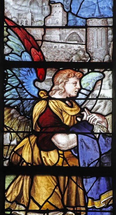 Ventana w9 representando al ángel sosteniendo la túnica de Cristo en el Bautismo en el Jordán de French School