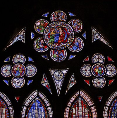 Ventana w9 que representa las luces del tracería con dos ángeles y Santo Tomás dudando de French School