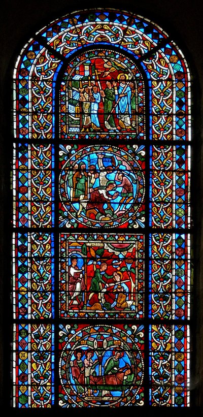 Ventana compuesta de 4 paneles, tres relacionados con San Gervasio y San Protasio de French School