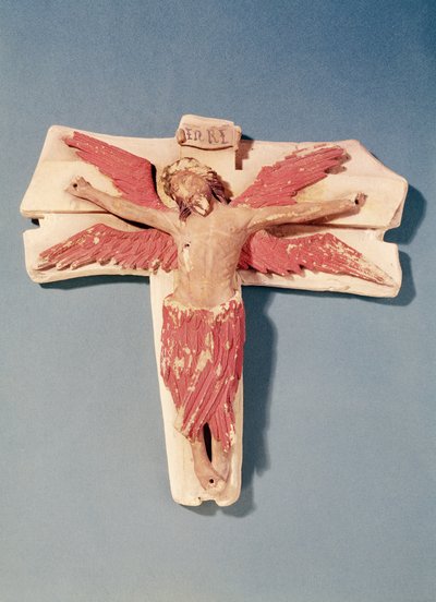 Cristo alado en la cruz (piedra policromada) de French School